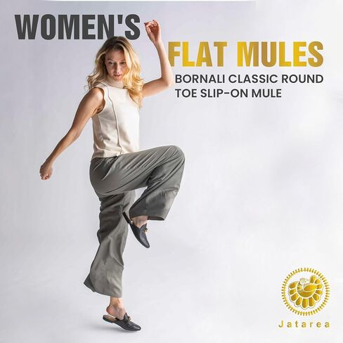 JATAREA Women's Flat Mules | Round Toe Leather Slip-Ons for Any Summer Outing - GEET Beige 5.5 in Kuwait