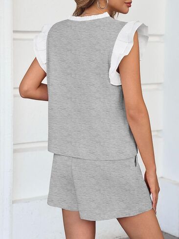 Tankaneo Womens 2 Piece Lounge Sets Summer Outfits V Neck Ruffle Cap Sleeve Tops and Shorts Vacation Matching Set in Kuwait