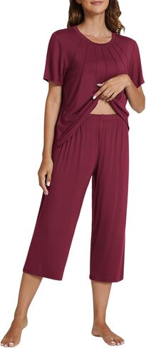 Pokwai Women's Pajama مجموعة الراحة الأكمام القصيرة و Capri Pants Pajama مجموعة ناعمة قطعتين بيجاما in Kuwait