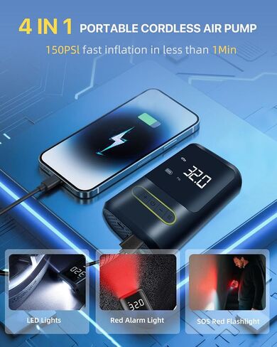 تضخيم إطارات محمولة ، ضاغط الهواء 150psi للسيارات والدراجات والدراجات النارية والكرات الرياضية - التضخم السريع ، المقياس الرقمي ، شاشة LED ، بطارية 6000 مللي أمبير في الساعة ، شحن USB وإمدادات طاقة السيارة in Saudi Arabia