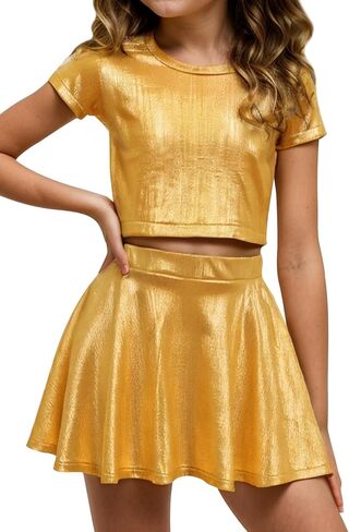 Happy Cherry Kid Girl Shiny Skirt and Top Set 2 Piece Texture Ribbed Metallic Disco Rave Cheer Outfit 4-12T in Kuwait