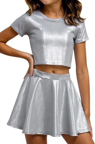Happy Cherry Kid Girl Shiny Skirt and Top Set 2 Piece Texture Ribbed Metallic Disco Rave Cheer Outfit 4-12T in Kuwait