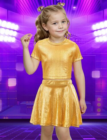 Happy Cherry Kid Girl Shiny Skirt and Top Set 2 Piece Texture Ribbed Metallic Disco Rave Cheer Outfit 4-12T in Kuwait