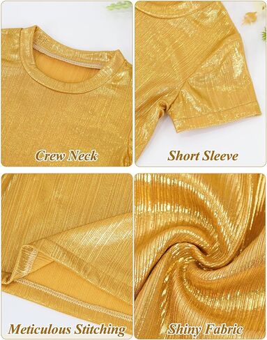Happy Cherry Kid Girl Shiny Skirt and Top Set 2 Piece Texture Ribbed Metallic Disco Rave Cheer Outfit 4-12T in Kuwait