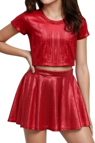 Happy Cherry Kid Girl Shiny Skirt and Top Set 2 Piece Texture Ribbed Metallic Disco Rave Cheer Outfit 4-12T in Kuwait
