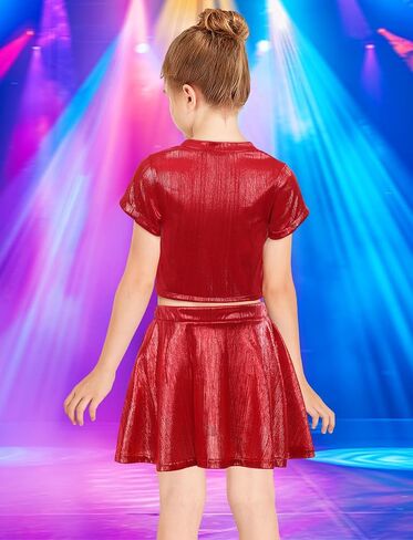 Happy Cherry Kid Girl Shiny Skirt and Top Set 2 Piece Texture Ribbed Metallic Disco Rave Cheer Outfit 4-12T in Kuwait