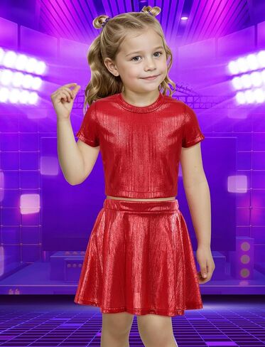 Happy Cherry Kid Girl Shiny Skirt and Top Set 2 Piece Texture Ribbed Metallic Disco Rave Cheer Outfit 4-12T in Kuwait