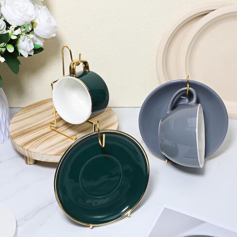 16 Pcs Gold Tea Cup and Saucer Display Stand Holder Rack Metal China Teacup Display Easel Coffee Mug Organizer for Plate Teapot Tables Home Decoration in Saudi Arabia