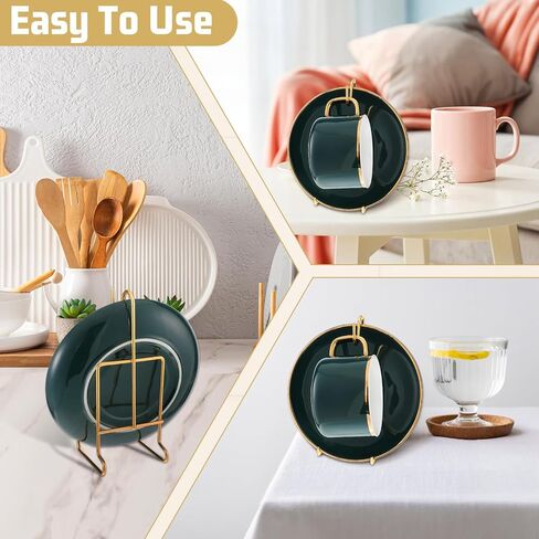 16 Pcs Gold Tea Cup and Saucer Display Stand Holder Rack Metal China Teacup Display Easel Coffee Mug Organizer for Plate Teapot Tables Home Decoration in Saudi Arabia
