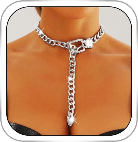 Chunky Silver Choker Punk Belt Buckle Collar Necklace Long Y-Necklace Thick Chain Necklace for Women in Saudi Arabia