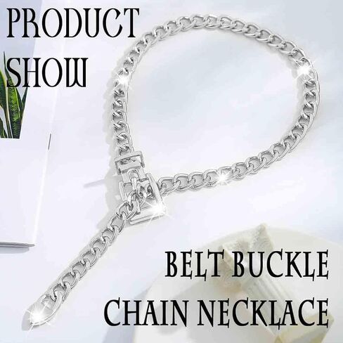Chunky Silver Choker Punk Belt Buckle Collar Necklace Long Y-Necklace Thick Chain Necklace for Women in Saudi Arabia