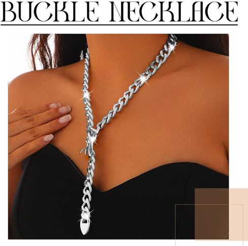 Chunky Silver Choker Punk Belt Buckle Collar Necklace Long Y-Necklace Thick Chain Necklace for Women in Saudi Arabia