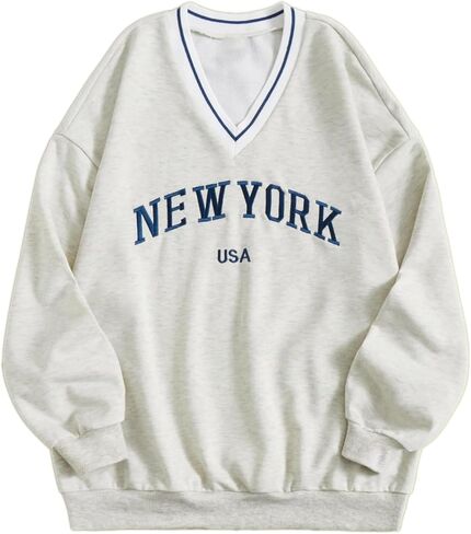 Remidoo Womens New York Embroidered V Neck Sweatshirt Oversized Long Sleeve Pullover Top in Saudi Arabia