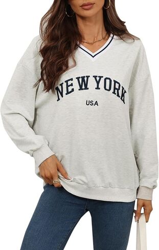 Remidoo Womens New York Embroidered V Neck Sweatshirt Oversized Long Sleeve Pullover Top in Saudi Arabia