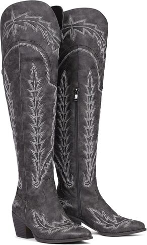 Celbreez Cowboy Boots for Women Thigh High Cowgirl Boots Embroidered Knee High Western Boots Pointed Toe Chunky Heel Side Zip Over The Knee Boots for Women in Kuwait