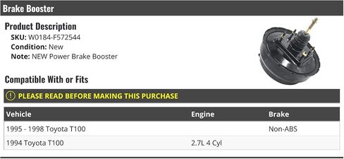 Power Brake Booster (New) - Compatible with 1994-1998 Toyota T100 in Saudi Arabia