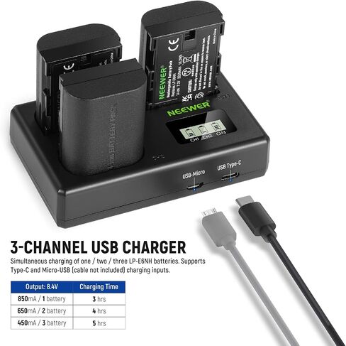 NEEWER LP-E6/LP-E6N/LP-E6NH/LP-E6P Four Channel Battery Charger with PD 60W Fast Charging, USB C Cable, Quad USB Charger Compatible with Canon EOS R5 Mark II 6D Mark II 5D Mark III 5D Mark IV, NW-P4 in Kuwait