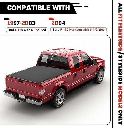 HECASA 6.5 FT لفة ناعمة تغطية TONNEAU متوافقة مع 1997-2004 FORD F-150 F150 Heritage Fleetside Styleside Truck Cargo Topper Topper Vinyl و Aluminium Frame Powder Black in Saudi Arabia