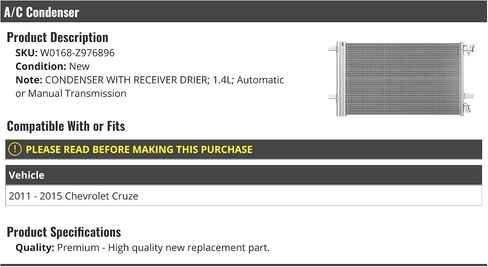مكثف A/C مع جهاز الاستقبال المجفف - متوافق مع 2011-2015 Chevy Cruze 1.4L in Saudi Arabia