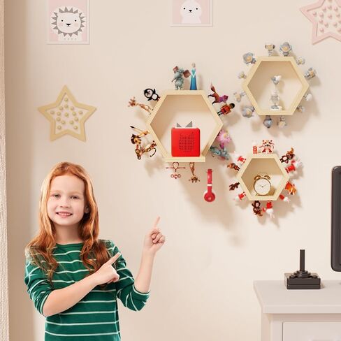 Hexagon Tonies Shelf Magnetic - Tonies Storage Shelf Set of 3 for Kids Room, Wooden Magnetic Display Shelf for Tonie Box Holder, Wall Floating Shelves Toy Storage Compatible with Tonie Accessories in Kuwait
