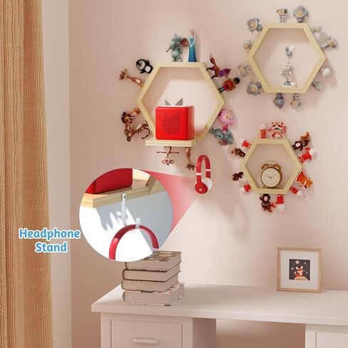 Hexagon Tonies Shelf Magnetic - Tonies Storage Shelf Set of 3 for Kids Room, Wooden Magnetic Display Shelf for Tonie Box Holder, Wall Floating Shelves Toy Storage Compatible with Tonie Accessories in Kuwait