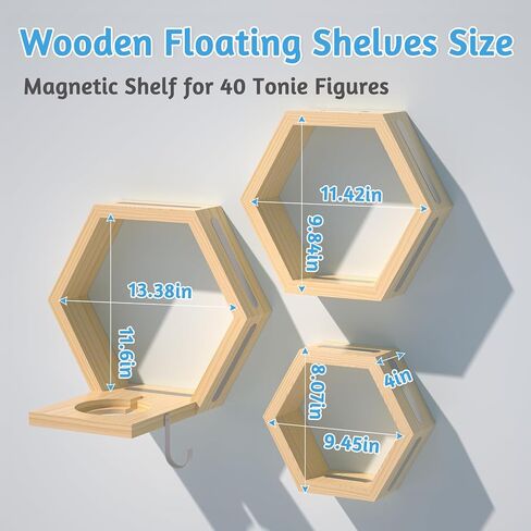 Hexagon Tonies Shelf Magnetic - Tonies Storage Shelf Set of 3 for Kids Room, Wooden Magnetic Display Shelf for Tonie Box Holder, Wall Floating Shelves Toy Storage Compatible with Tonie Accessories in Kuwait
