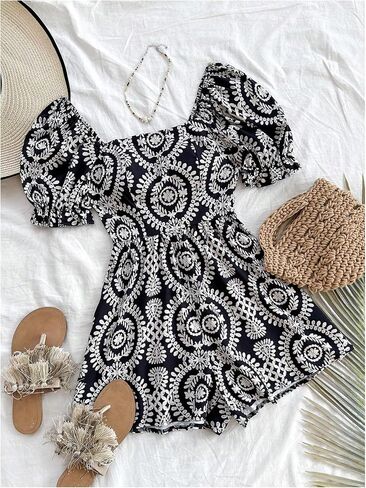 Floerns Women's Boho Floral Print Puff Sleeve Jumpsuit Summer Short Rompers in Saudi Arabia