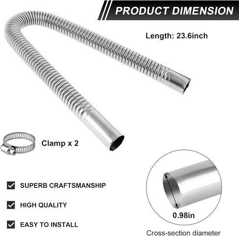 70.9 Inches Stainless Steel Exhaust Hose, 2.5cm/ 1" ID Diesel Heater Flexible Exhaust Pipe with 2 Hose Clamps, Flex Parking Air Heater Fuel Tank Exhaust Pipe for Most Vehicle in Saudi Arabia