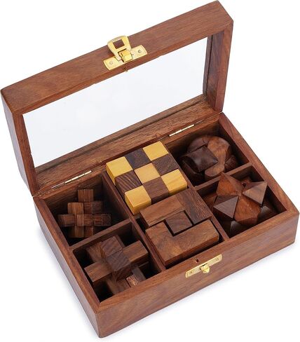 Ajuny Wooden Puzzles Box Set (6 Games) Brain Teaser for Teens & Adults, IQ Test Interlocking 3D Puzzles, Handcrafted Rustic Patio Decor, Unique Gift for Christmas and Birthdays in Kuwait