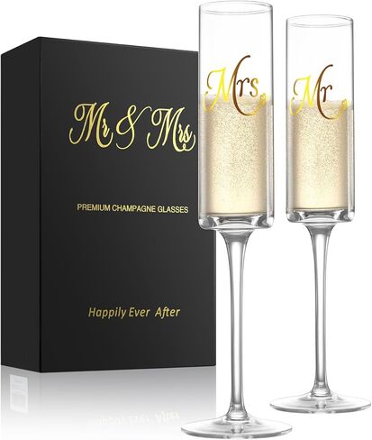 Mr and Mrs Wedding Champagne Flutes with Long Stem,Bride and Groom Toasting Glass Set of 2, Bridal Shower Gift Unique for Wedding, Anniversary, Wifey Gifts, Engagement Gifts for Couples in Saudi Arabia