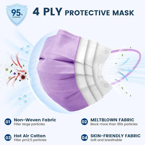 قناع وجه للاستعمال مرة واحدة للبالغين - 100 عبوة مغلفة بشكل فردي، 4 أقنعة وجه للحماية من 4 طبقات، أقنعة وجه ملونة للاستعمال مرة واحدة in Kuwait