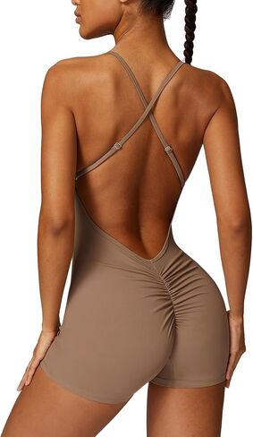 ECUPPER Backless Workout Jumpsuits for Women Sleeveless Romper One Piece Bodysuit Tummy Control Scrunch Shorts Yoga Unitard in Kuwait