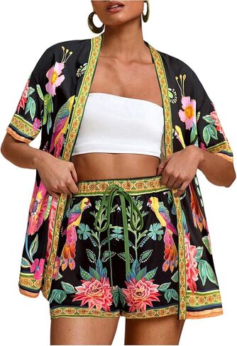 MakeMeChic Women's Two Piece Summer Outfit Beach Vacation Floral Open Front Short Sleeve Kimono and Shorts Set in Saudi Arabia