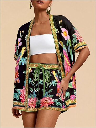 MakeMeChic Women's Two Piece Summer Outfit Beach Vacation Floral Open Front Short Sleeve Kimono and Shorts Set in Saudi Arabia