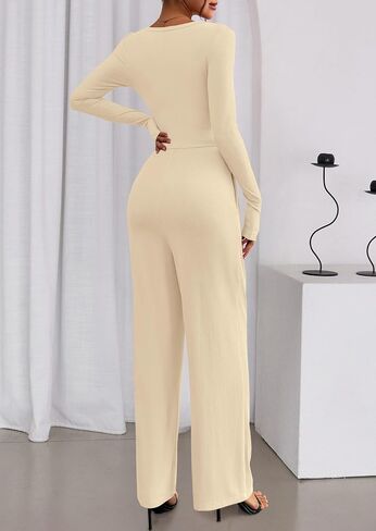 PRETTYGARDEN Jumpsuits for Women Dressy Casual 2025 Fall One Piece Outfits Long Sleeve Crew Neck Wide Leg Pants Rompers in Saudi Arabia