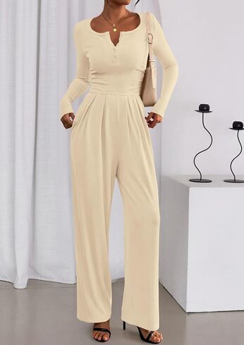 PRETTYGARDEN Jumpsuits for Women Dressy Casual 2025 Fall One Piece Outfits Long Sleeve Crew Neck Wide Leg Pants Rompers in Saudi Arabia