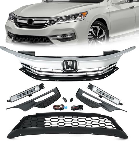 KARPAL Front Bumper Grille Upper and Lower Grill Kit with LED Fog Lamp Fit for 2016 2017 Honda Accord Sedan in Saudi Arabia