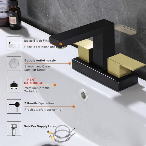 Black and Gold Bathroom Faucet, 4-Inch Centerset Bathroom Faucet for Sink 3-Hole, Modern 2-Handle Vanity Faucet with Drain & Supply Lines in Saudi Arabia
