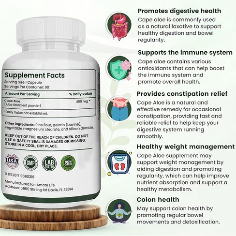 Cape Aloe Natural Laxative Supplement- Constipation Relief- Regulate Bowel - All-Natural Herbal Detox- Weight Management Supplement- Digestion Help Dietary Supplement- 90 Caps- Non-GMO in Saudi Arabia
