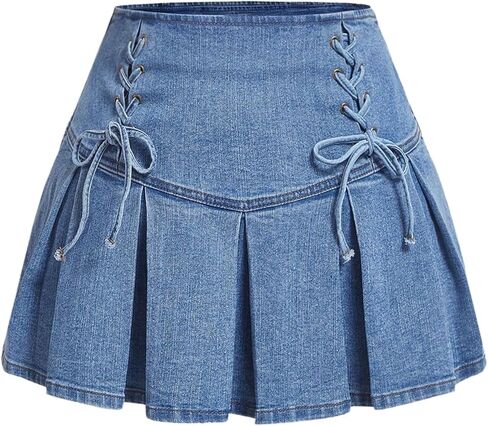 تنورة SweatyRocks النسائية ذات المقاس الكبير برباط من الأمام وخصر عالٍ وطيات على شكل حرف A من قماش الدنيم الصغير in Kuwait