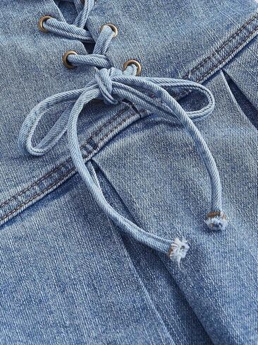 تنورة SweatyRocks النسائية ذات المقاس الكبير برباط من الأمام وخصر عالٍ وطيات على شكل حرف A من قماش الدنيم الصغير in Kuwait