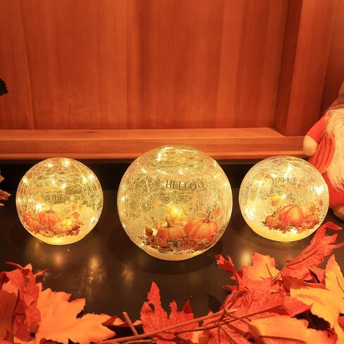 NEEDOMO Fall Decorations for Home, Set of 3 Crackle Glass Ball with LED Lights for Fall Table Decor, Lighted Globes Autumn Centerpieces with Timer for Indoor Tabletop Mantel Thanksgiving Decorations in Saudi Arabia