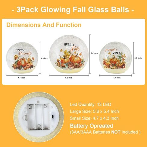 NEEDOMO Fall Decorations for Home, Set of 3 Crackle Glass Ball with LED Lights for Fall Table Decor, Lighted Globes Autumn Centerpieces with Timer for Indoor Tabletop Mantel Thanksgiving Decorations in Saudi Arabia