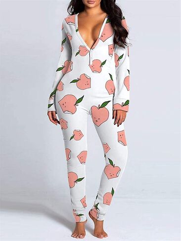 Women's Sexy Deep V Neck Onesie Pajamas Short Jumpsuit One Piece Romper Bodysuit Flapjacks with Drop Seat Butt Flap in Kuwait