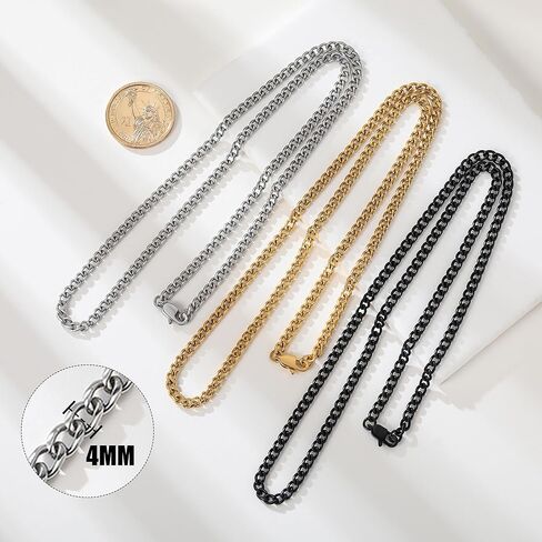 3 Pcs Chain Necklace for men, 4mm Stainless Steel Black Gold and Silver Cuban Chains Men Women, 18"/22"/26"/30 Inches in Saudi Arabia