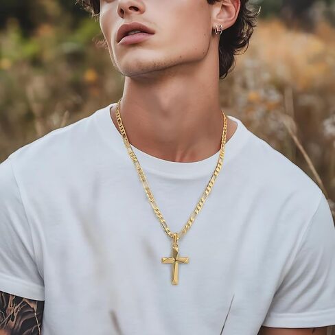 Cross Necklace 14K Gold Cross Necklace for Men Gold Crosses Chain for Men Irregular Cutting Lines with Figaro Chain Mens Crosses Pendant 20/22/24in in Kuwait