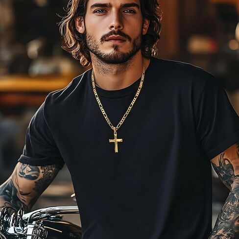 Cross Necklace 14K Gold Cross Necklace for Men Gold Crosses Chain for Men Irregular Cutting Lines with Figaro Chain Mens Crosses Pendant 20/22/24in in Kuwait
