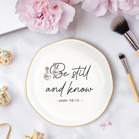 Christian Gifts for Women, Bible Verse Ceramic Jewelry Dish Trinket Ring Tray, Inspirational Floral Gift for Mom Sister Friend Birthday Christmas-Psalm 46:10 Be Still and Know (White-45:10) in Kuwait