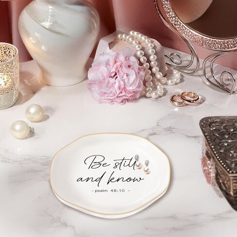Christian Gifts for Women, Bible Verse Ceramic Jewelry Dish Trinket Ring Tray, Inspirational Floral Gift for Mom Sister Friend Birthday Christmas-Psalm 46:10 Be Still and Know (White-45:10) in Kuwait