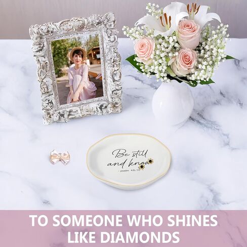 Christian Gifts for Women, Bible Verse Ceramic Jewelry Dish Trinket Ring Tray, Inspirational Floral Gift for Mom Sister Friend Birthday Christmas-Psalm 46:10 Be Still and Know (White-45:10) in Kuwait
